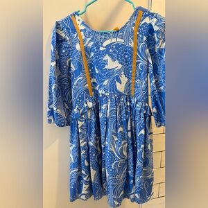 Finding Foxtale Girls Blue Floral & Bird Print Dress with Gold Trim Sz 12 nwt